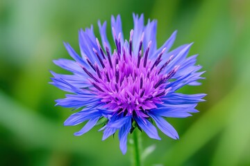 Detailed Closeup of Blue Knapweed Blossom with a Blurred Green Backdrop