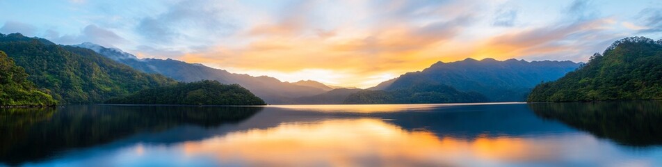Fototapeta premium Sunrise over mountain lake, scenic reflection