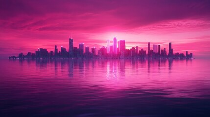 Fototapeta premium Vibrant sunset over a city skyline reflecting on calm waters, creating a serene atmosphere