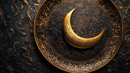 Fototapeta premium Golden crescent moon resting on an ornate plate with traditional Islamic calligraphy-inspired patterns