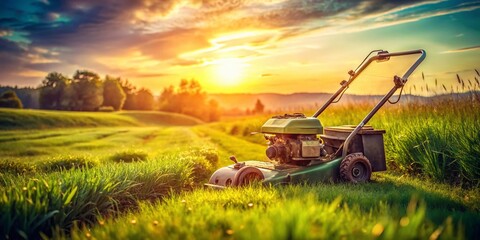 Fototapeta premium Vintage Lawn Mower on Lush Green Field - Classic Summer Scene