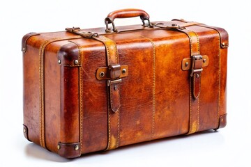 Vintage Leather Suitcase Isolated on White Background - Retro Travel Luggage