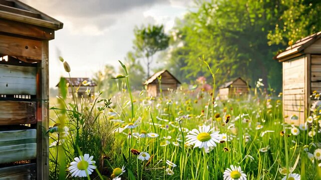 Beehives in zoom in meadow with wildflowers, symbolizing sustainable beekeeping and biodiversity. Concept of eco-friendly practices, pollinator protection and importance of bees in agriculture