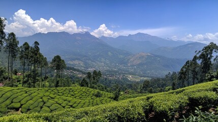 Scenic Tea Plantation in the Mountains with Green Fields and Village View