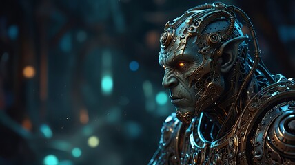 A futuristic humanoid robot featuring intricate metallic designs and glowing orange eyes, evoking a sense of strength and advanced technology.