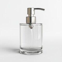 Obraz premium Clear Liquid Soap Dispenser with Metallic Pump for Hand Hygiene in Neutral Studio Setting