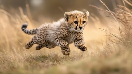 Playful Cheetah Cub Jumping Through Dry Grass in Wild Habitat