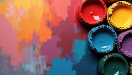 Flat lay gouache paint pots set in variety of colors on bright mixed-color background. Back to school concept, art school for children, stationery supplies, hobby and leisure for kids