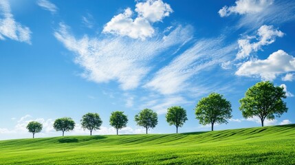 Obraz premium Trees on Green Hill Under Blue Sky with Clouds Landscape