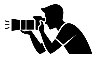 デジタル一眼レフカメラのズームレンズで写真撮影をしている男性のシルエットイラスト 透過背景の切り抜き