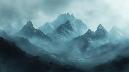 Obraz premium Mystical Mountain Range: Dramatic Foggy Landscape with Majestic Peaks and Epic Views