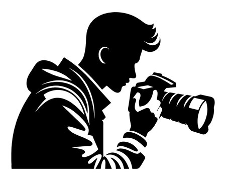 Fototapeta デジタル一眼レフカメラのズームレンズで写真撮影をしている男性のシルエットイラスト 透過背景の切り抜き