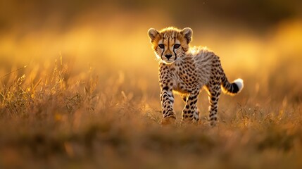 Playful Cheetah Cub Walking Through Golden Grasslands at Sunset