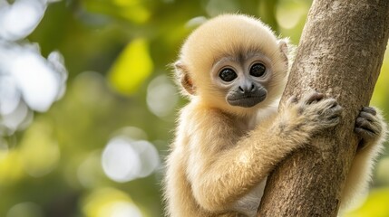 Obraz premium Cute Young Monkey Climbing Tree in Natural Green Habitat