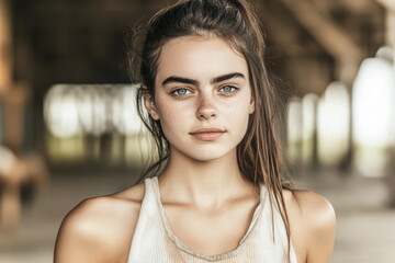 Fototapeta premium Portrait of a young woman with natural beauty in a rustic setting during daylight hours