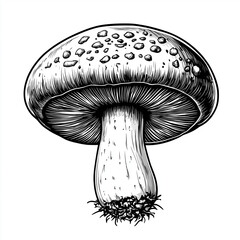 Shiitake mushroom, engraving and scratch board style sketch, black and white illustration