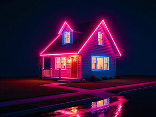 neon A house with a pink roof and pink lights on the porch. The house is lit up in the dark