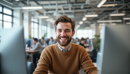 Fototapeta premium Smiling Man at Work, Happy Employee in Modern Office