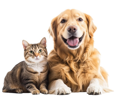 A cute golden retriever dog and cat sitting together on transparent background - Powered by Adobe