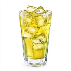 Refreshing Yellow Drink with Ice Cubes in a Glass Close Up View on a White Background for Summertime