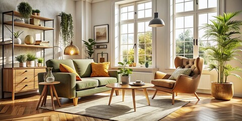 Obraz premium Vintage Scandinavian Living Room: Stylish Armchair & Loft Modern Decor