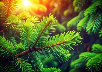 Vintage Siberian Pine Needles Sunlit Forest - Bright Green Conifers