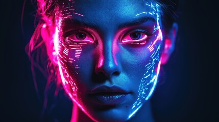 Cyberpunk woman with neon facial light patterns in futuristic lighting
