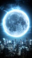 Lunar eclipse shadow cosmic moon. A luminous full moon illuminates a city skyline at night, creating a surreal and magical atmosphere.