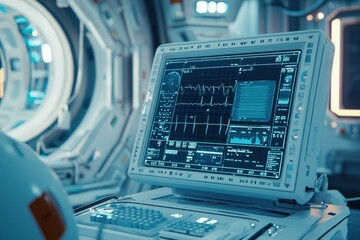 Futuristic medical monitor displaying vital signs in a high tech space environment, suitable for science fiction themes and digital innovations