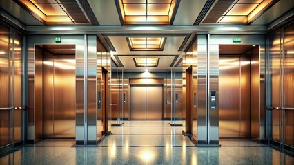 Vintage Style Elevator Photography: Modern Metallic Lift Cabins, Open, Closed & Half-Closed Doors, Glossy Floors, Digital Indicators