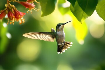 Fototapeta premium Colorful Colibri in Flight: Vibrant Hummingbird Surrounded by Nature's Beauty