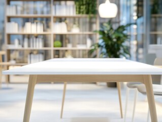 Fototapeta premium Bright white rectangular wooden table with soft lighting and blurred modern workspace background featuring bookshelves and ergonomic chairs 