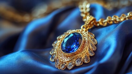 A glamorous gold necklace with a sapphire gemstone pendant resting on luxury fabric.