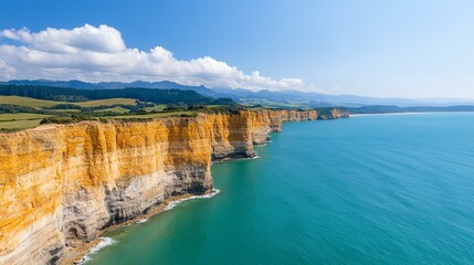 Majestic cliff overlooking the ocean with waves crashing against the rocks under a clear sky