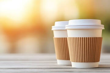 Two elegant coffee cups resting on a table surrounded by a cozy atmosphere and soft lighting