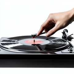 A person's hand gently pressing a vinyl record on a turntable creating a memorable listening experience