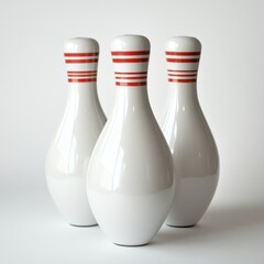 Three White Bowling Pins with Red Stripes Standing on a White Surface in a Simple Composition