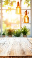 Obraz premium Stylish wooden table with industrial light bulb hanging above creating a cozy dining atmosphere
