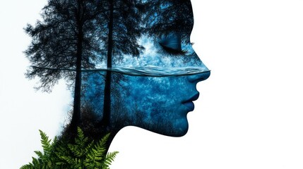 Serene portrait of a person's face framed by lush trees creating a connection with nature
