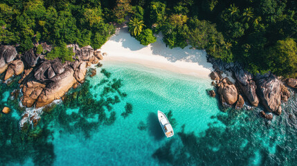 Obraz premium Tropical Paradise Aerial View: Idyllic Beach Escape with Clear Blue Sea & Lush Island Scenery