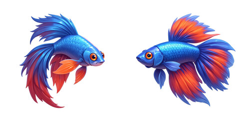 Obraz premium Vibrant blue and red betta fish with flowing fins on a white background