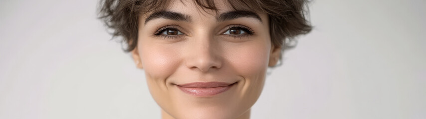 Obraz premium Smiling woman with short wavy hair presents a friendly expression indoors