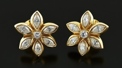 Fototapeta premium A high-resolution image of gold earrings with a stunning floral diamond arrangement.