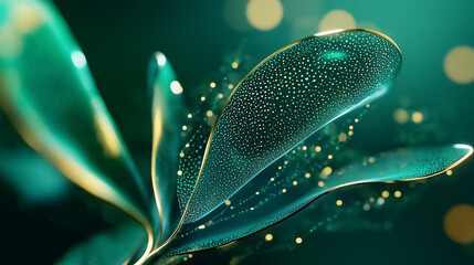 This artwork showcases organic digital forms inspired by plant growth, featuring luminous leaves and delicate textures that evoke a sense of life and vitality, against a soft glowing backdrop