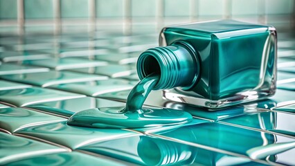 Obraz premium Vivid Teal Nail Polish Pour: Abstract Liquid Sculpture on White Tile