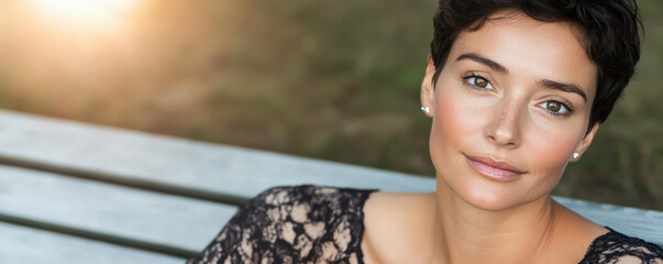 Woman with short hair sitting on a bench looking thoughtfully at the camera in natural light