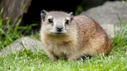 Naklejka premium Charming Hyrax: Adorable Brown Mammal Among Rocks and Bushes in an African Wildlife Setting