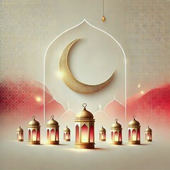 A generative AI image of a golden crescent moon shining softly on a red and gold background, accompanied by glowing traditional lanterns, reflects the warmth and togetherness of the holy month.