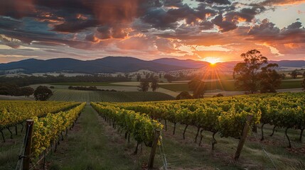 Scenic Vineyard Landscape at Sunset