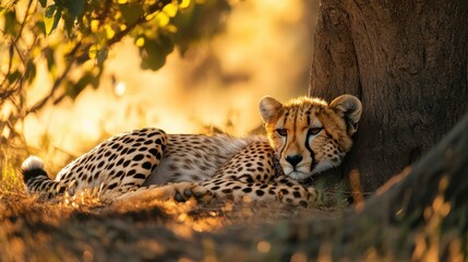 Resting Cheetah in Golden Light Under a Tree in Nature